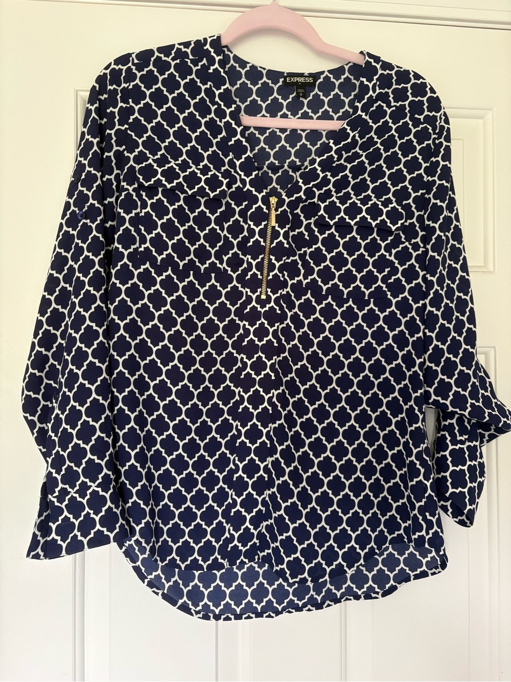 Express Navy and White Geometric Zip-Front Blouse